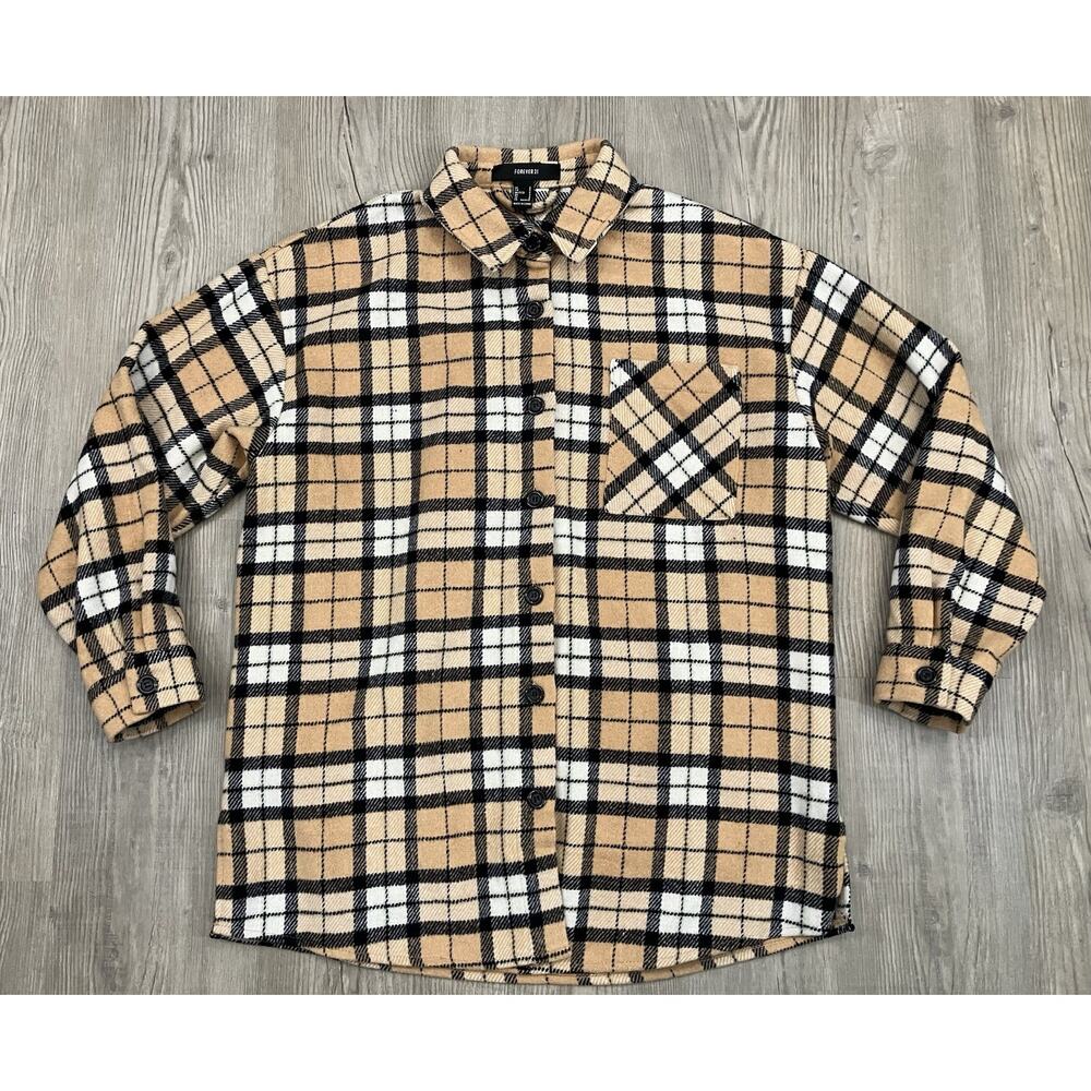 Forever 21 Fleece Shacket Yellow Plaid Print Women’s Size S